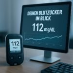 Ein Blutzuckermessgerät zeigt 112 mg/dL, während der Bildschirm 