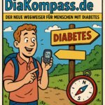 Ein lächelnder Mann zeigt stolz seinen Blutzuckerwert von 5,4 auf einem Gerät, während er an einem Wegweiser für Diabetes steht. | © DiaKompass