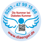 Ein Aufkleber informiert über Unterstützung bei Diabetes-Kummer mit Kontaktinformationen und einem QR-Code. | © diaengel.de