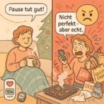 Zwei Szenen: Entspannter Weihnachtsmoment mit Blutzuckerüberwachung und hektischer Stress beim Plätzchenbacken | © GlucoseCode.