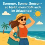 Eine Frau genießt den Sommerurlaub am Strand, während ihr CGM-Sensor für Blutzuckerwerte sorgt. | © Name