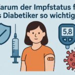 Eine Person mit einem Pflaster am Arm steht neben einem Blutzuckermessgerät und thematisiert den Impfstatus bei Diabetes.