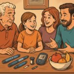 Eine Familie bespricht Diabetesmanagement mit Blutzuckermessgeräten und frischen Früchten auf dem Tisch. | © GlucoseCode