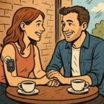 Ein Paar sitzt in einem Café, während die Frau einen CGM-Sensor für die Blutzuckerüberwachung trägt. | © Freestyle