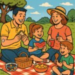 Familie genießt ein Picknick im Freien, während Blutzucker mit CGM-Technologie überwacht wird. | © Freestyle