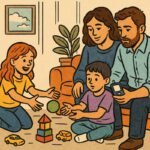 Eine Familie spielt zusammen im Wohnzimmer, während ein Kind den Blutzucker mit einem CGM-Gerät überwacht. | © GlucoseCode