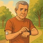 Ein besorgter Mann überprüft seinen Blutzucker mit einem CGM-Gerät während eines Spaziergangs in der Natur. | © Name