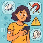 Eine besorgte Person mit einem CGM-Gerät überprüft ihre Blutzuckerwerte auf dem Smartphone. | © GlucoseCode