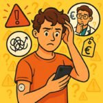 Ein besorgter junger Mann betrachtet sein Smartphone und kämpft mit verwirrenden Entscheidungen rund um Diabetes und Blutzucker.