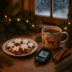 Ein Blutzuckermessgerät liegt neben Lebkuchen und einer Tasse Tee in einer gemütlichen Weihnachtsatmosphäre. | © GlucoseCode