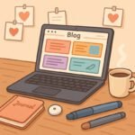 Ein Laptop zeigt einen Blog über Diabetes, daneben ein Journal, Stifte und eine Tasse Kaffee. | © GlucoseCode