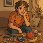 Ein junger Mann sitzt frustriert auf dem Sofa, umgeben von Diabetes-Zubehör und Obst, was Diabetes-Burnout symbolisiert.