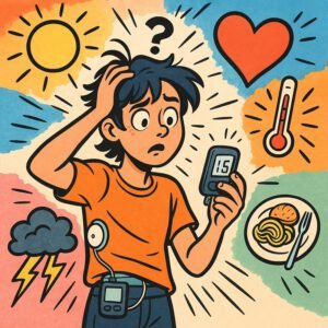 Ein besorgter Junge überprüft seinen Blutzucker mit einem CGM-Gerät, während er über Diabetes nachdenkt. | © GlucoseCode