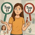 Eine besorgte Frau hält zwei Lupen mit den Beschriftungen Typ 1 und Typ 2 in einem Arztpraxis-Hintergrund. | © Name