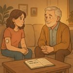 Ein älterer Mann und ein Mädchen sprechen auf einer Couch über Diabetes, während ein Diabetes-Tagebuch auf dem Tisch liegt. | © Name