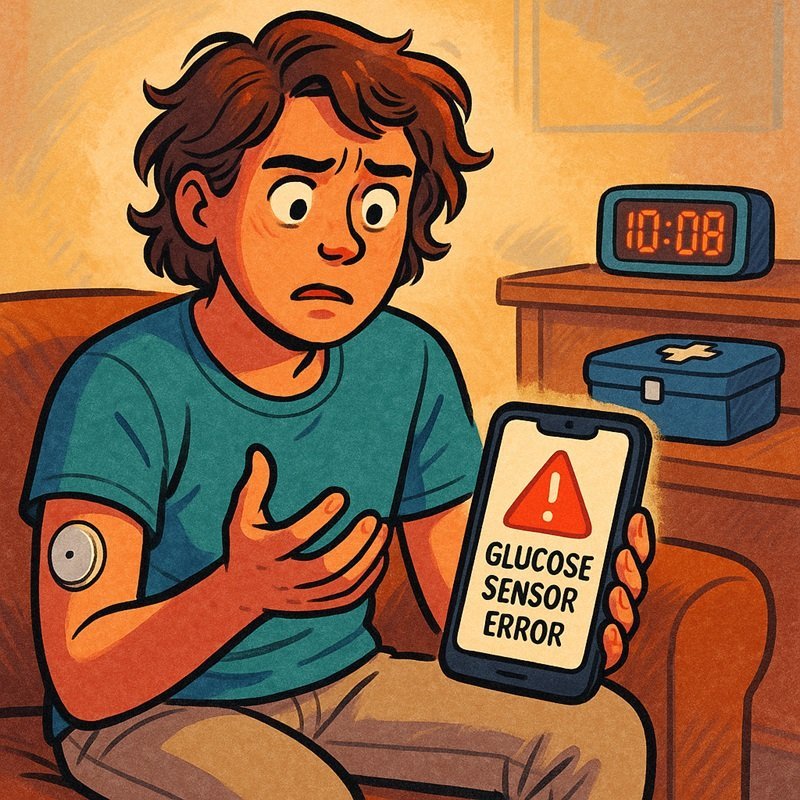 Ein besorgter Benutzer schaut auf sein Handy, das einen Glukosesensorfehler anzeigt, während er Diabetes hat. | © Name
