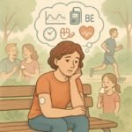 Eine Person sitzt nachdenklich auf einer Bank, während sie über Diabetes, Blutzucker und CGM nachdenkt. | © Name
