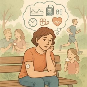 Eine Person sitzt nachdenklich auf einer Bank, während sie über Diabetes, Blutzucker und CGM nachdenkt. | © Name