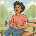 Ein Junge sitzt auf einer Bank, genießt sein Snack und misst seinen Blutzucker mit einem CGM-Gerät. | © Positive Seiten