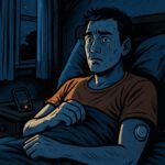 Ein besorgter Mann leidet nachts unter Schlafproblemen und überwacht seinen Blutzucker mit einem CGM-Gerät.