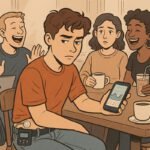 Ein junger Mann in einem Café prüft besorgt seinen Blutzuckerwert auf dem Smartphone, während Freunde lachen. | © Name