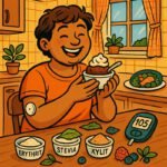 Ein Junge genießt eine Schüssel mit Zuckerersatz, während er seinen Blutzucker mit einem CGM überwacht. | © GlucoseCode