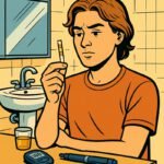 Ein junger Mann prüft den Blutzuckerwert mit einem Teststreifen im Badezimmer, während er über seine Diabetes nachdenkt.