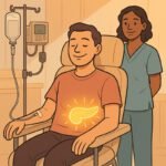 Ein Patient erhält Zelltherapie zur Diabetesbehandlung, während eine Fachkraft im Hintergrund assistiert. | © Name