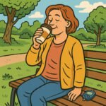 Eine Frau genießt ihren Kaffee auf einer Bank, während sie auf ihr CGM-Gerät für Blutzuckerwerte schaut. | © GlucoseCode