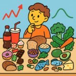 Ein Junge denkt über verschiedene Lebensmittel nach, die den Blutzucker beeinflussen, während er gesund essen möchte.