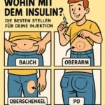 Diagramm zeigt optimale Injektionsstellen für Insulin: Bauch, Oberarm, Oberschenkel und Po | © GlucoseCode