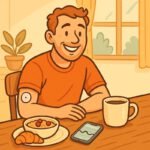 Ein lächelnder Mann genießt Kaffee und Frühstück, während sein CGM den Blutzucker überwacht. | © Freestyle