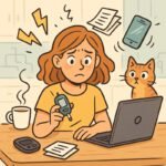 Eine besorgte Person prüft ihren Blutzucker am Laptop, während Papiere und ein Smartphone um sie herumwirbeln. | © Name