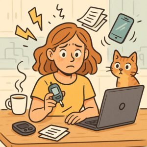 Eine besorgte Person pr&uuml;ft ihren Blutzucker am Laptop, w&auml;hrend Papiere und ein Smartphone um sie herumwirbeln. | &copy; Name