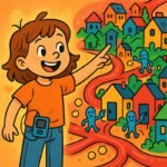 Ein fröhliches Kind zeigt begeistert auf eine bunte Stadtlandschaft, während es für Diabetes aufklärt. | © GlucoseCode