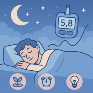Ein schlafender Mann &uuml;berwacht seinen Blutzucker mit einem CGM-Ger&auml;t, w&auml;hrend der Mond am Himmel leuchtet. | &copy; Name