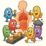 Bunte Figuren erklären den Blutzuckerprozess im Körper und die Rolle von Hormonen bei Diabetes und CGM-Technologien.