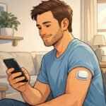Ein Mann prüft mit seinem Smartphone die Blutzuckerwerte über ein CGM-Gerät am Arm, unterstützt durch neue Insulin-Pumpen.