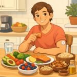 Ein junger Mann genießt gesundes Essen und misst seinen Blutzucker mit einem CGM-Gerät. | © Name