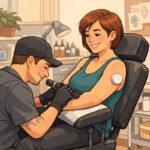 Eine Frau bekommt ein Tattoo, während sie ein CGM-Gerät zur Blutzuckermessung trägt | © Name