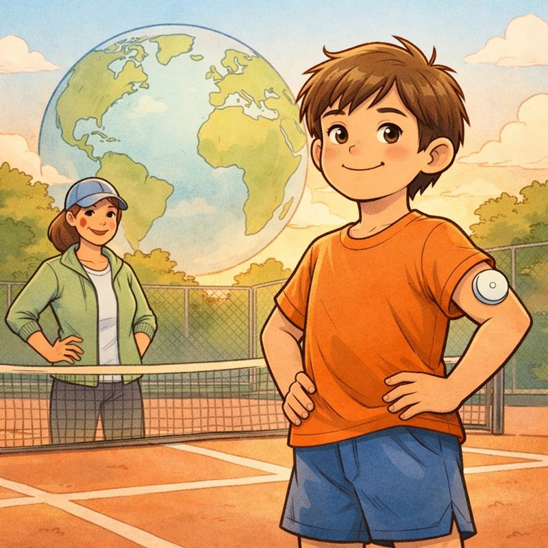 Ein Junge mit CGM-Gerät steht auf dem Tennisplatz und lächelt, während eine Frau ihn anfeuert. | © Zverev Foundation