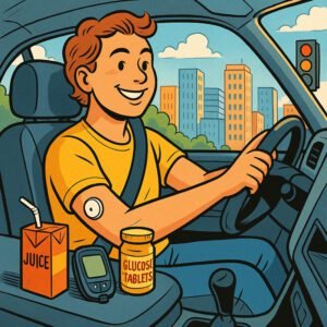Comic-Zeichnung eines lächelnden Mannes mit Diabetes-Sensor am Oberarm, der in einem Auto am Steuer sitzt. Auf der Mittelkonsole liegen ein Blutzuckermessgerät, eine Packung Glukosetabletten und ein Saft mit Strohhalm. Im Hintergrund eine Stadt bei Sonnenschein und eine Ampel auf Rot.