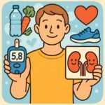 In der Mitte des Bildes ist eine lächelnde Person mit kurzen braunen Haaren zu sehen. Die Person trägt ein gelbes T-Shirt und hält in jeder Hand ein wichtiges Symbol. In der linken Hand (von der Person aus gesehen) hält sie ein Blutzuckermessgerät, das den Wert „5,8“ anzeigt – ein gesunder Blutzuckerwert. In der rechten Hand hält sie ein Bild mit zwei roten, lachenden Nieren – ein Symbol für gesunde Nieren. Rund um die Person sind verschiedene Symbole abgebildet, die für einen gesunden Lebensstil stehen: Oben links ist eine Wasserflasche und eine Karotte zu sehen – Symbole für gesunde Ernährung und ausreichend Trinken. Oben rechts sieht man ein rotes Herz und einen blauen Sportschuh – Symbole für Bewegung und Herzgesundheit. Der Hintergrund ist hellblau mit dekorativen Herz- und Punktmotiven, die eine positive Stimmung vermitteln.