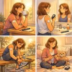 Eine Frau mit CGM überprüft ihren Blutzucker, während sie in verschiedenen Alltagssituationen den Umgang mit Diabetes meistert. | © Name