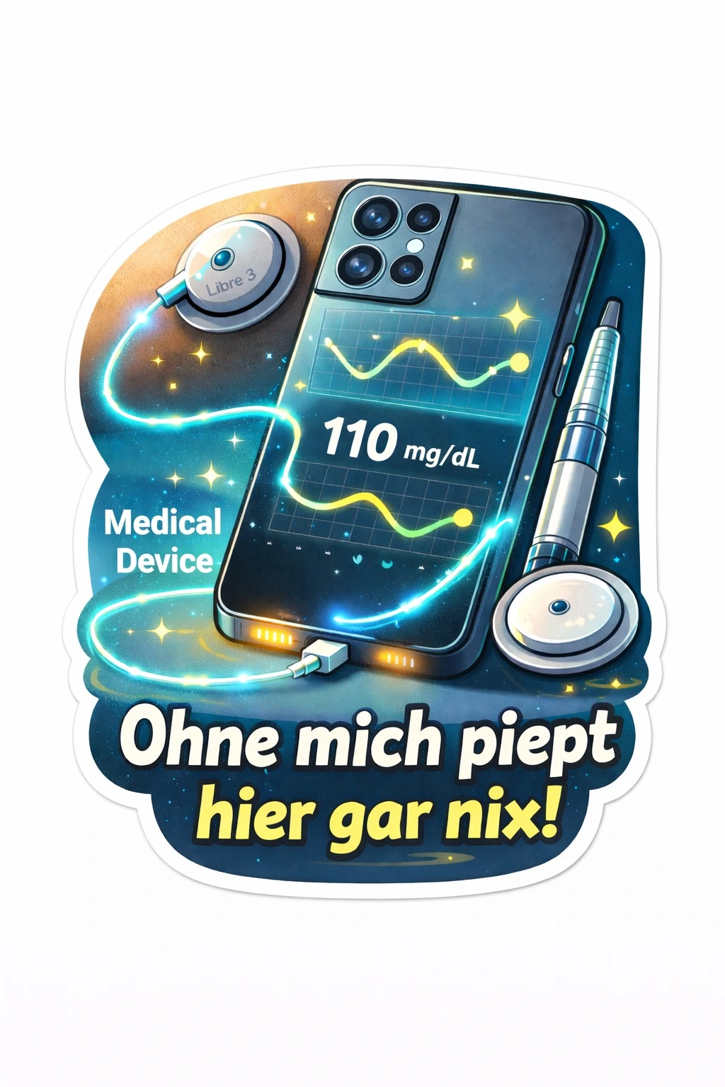 Ein Smartphone mit Dexcom und Freestyle Libre zeigt einen Blutzuckerwert von 110 mg/dL, Ohnemichpiepthiergarnix.