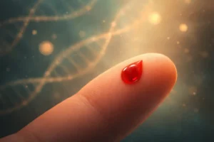 Ein Tropfen Blut auf einem Finger symbolisiert die Blutzuckermessung bei Diabetes. | © Name