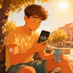 Ein junger Mann mit CGM überwacht seinen Blutzucker auf dem Smartphone, während er an einem sonnigen Tag sitzt. | © GlucoseCode