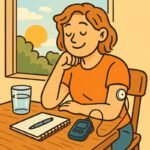 Eine Person führt einen Basalratentest mit CGM und Blutzuckermessgerät am Tisch durch. | © GlucoseCode