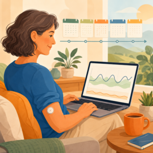 Eine Person analysiert Gesundheitsdaten_und_KI auf einem Laptop zur Blutzucker&uuml;berwachung mit CGM. | &copy; Name