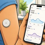 Ein Handgelenk mit einem Freestyle-Duo-Sensor zeigt Glukose- und Ketonwerte auf einem Smartphone zur Diabetesüberwachung.